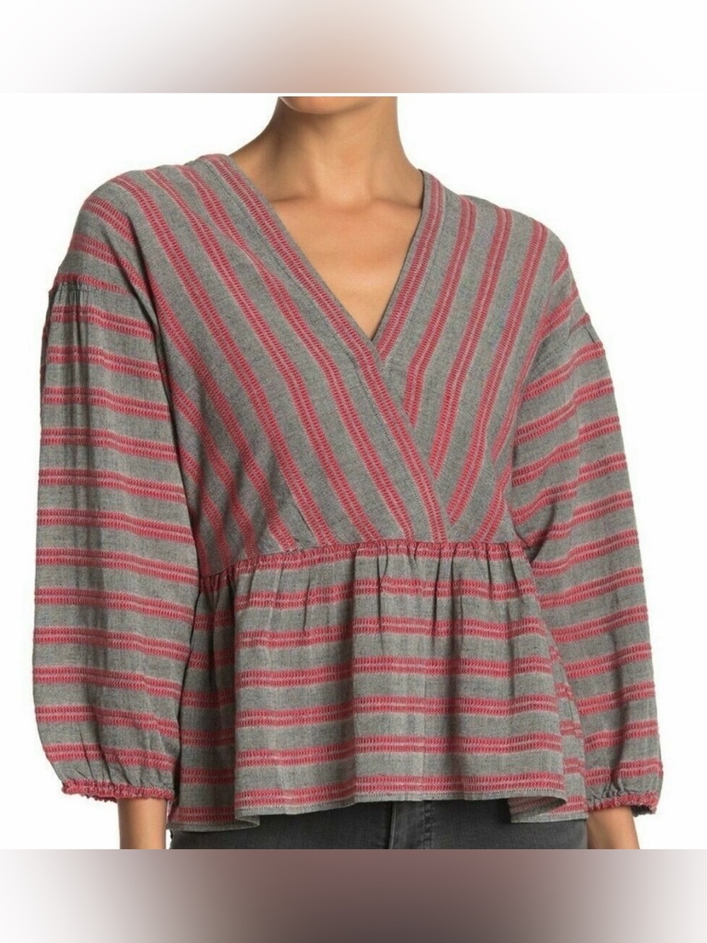 Madewell | Gray & Red Striped Peplum Top | V-Neck Puff Sleeve | Size = XS